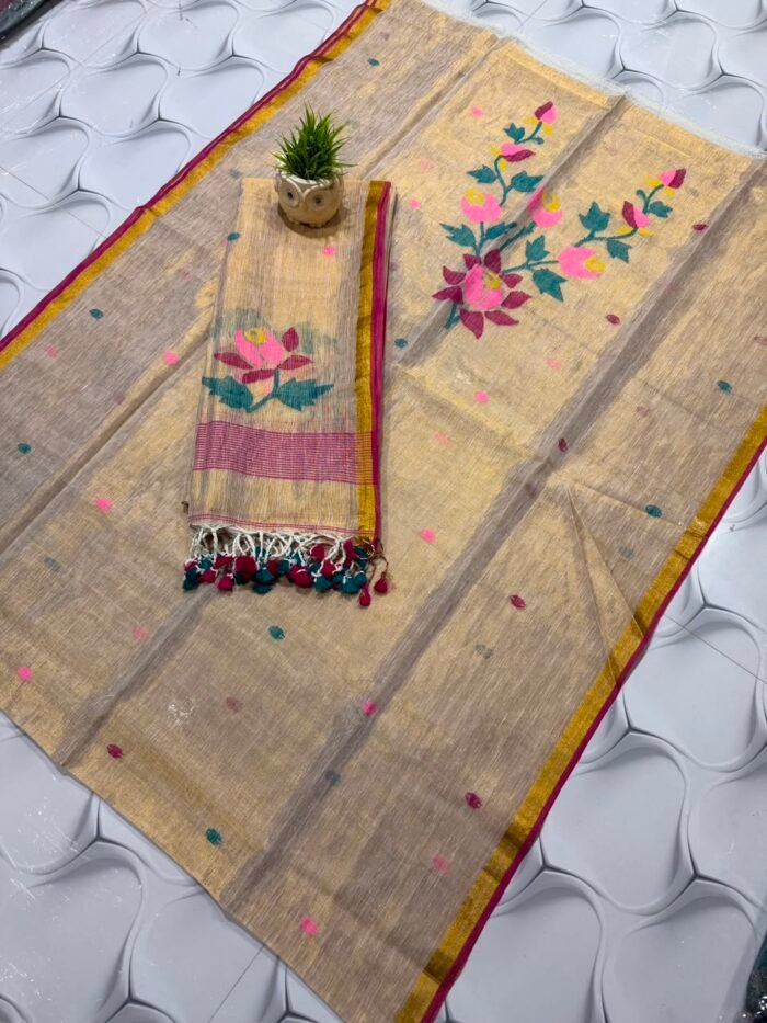 100% Pure Tissue Linen Jamdani Top & Dupatta Set with Floral Motifs