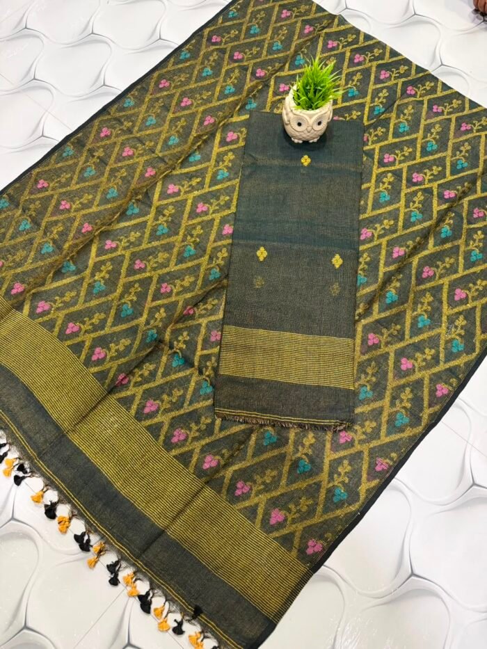 Premium Tissue Linen Top & Dupatta Set with Allover Geometric Jaal & Floral Motifs