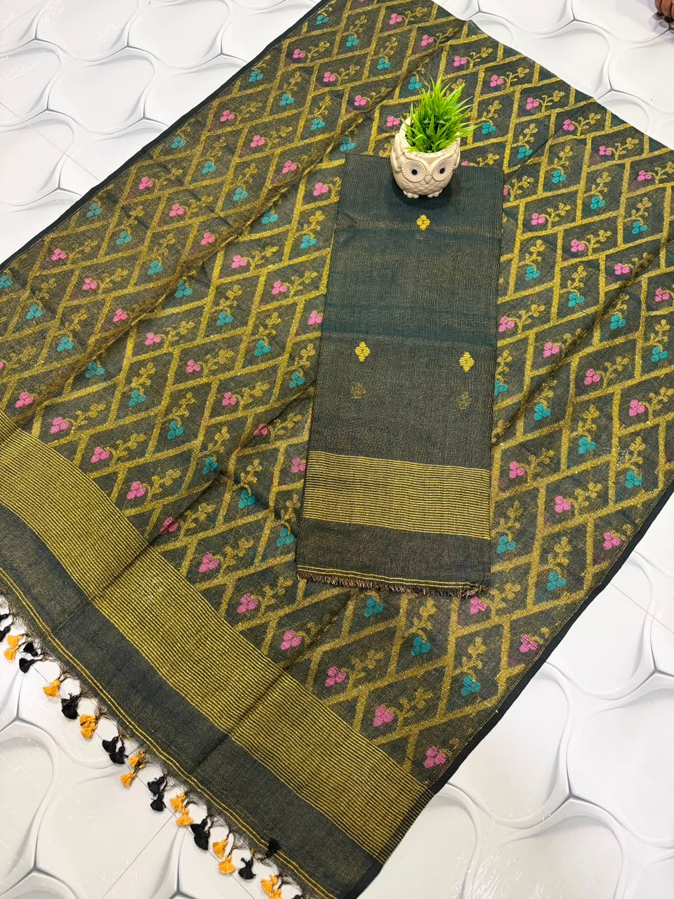 Premium Tissue Linen Top & Dupatta Set with Allover Geometric Jaal & Floral Motifs