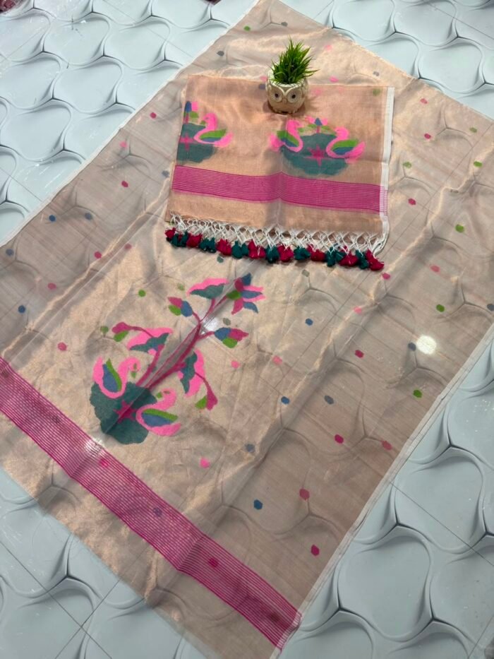 Pure Muslin Tissue Jamdani Top & Dupatta Set with Woven Swan & Floral Motifs