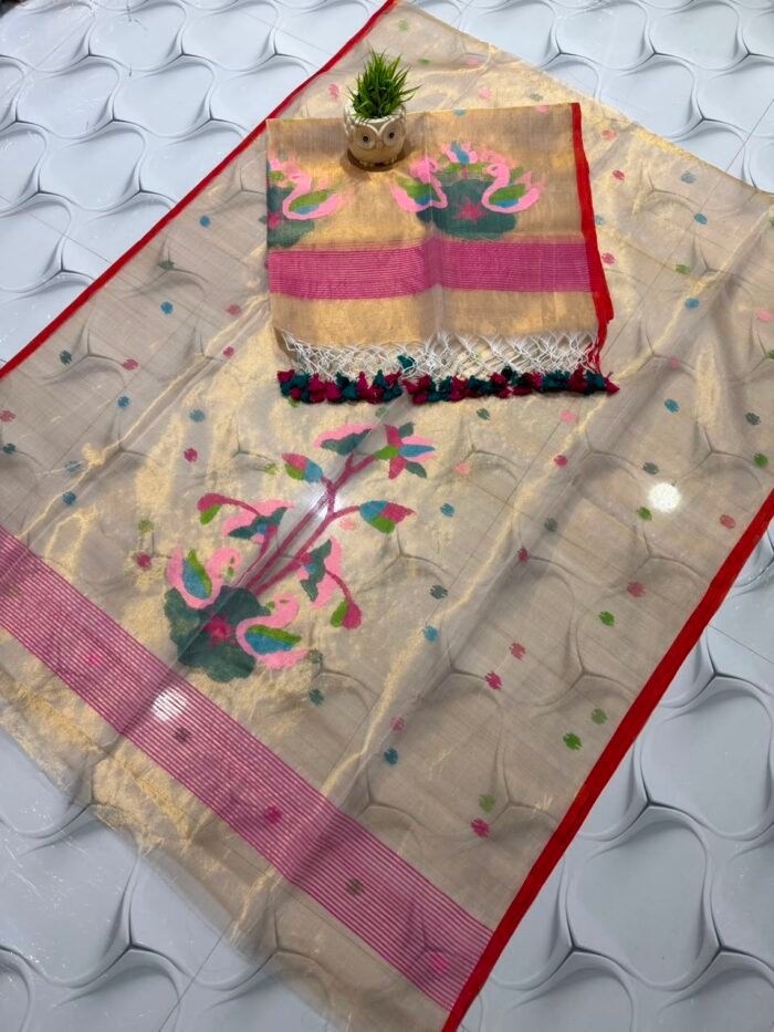 Pure Muslin Tissue Jamdani Top & Dupatta Set with Woven Swan & Floral Motifs