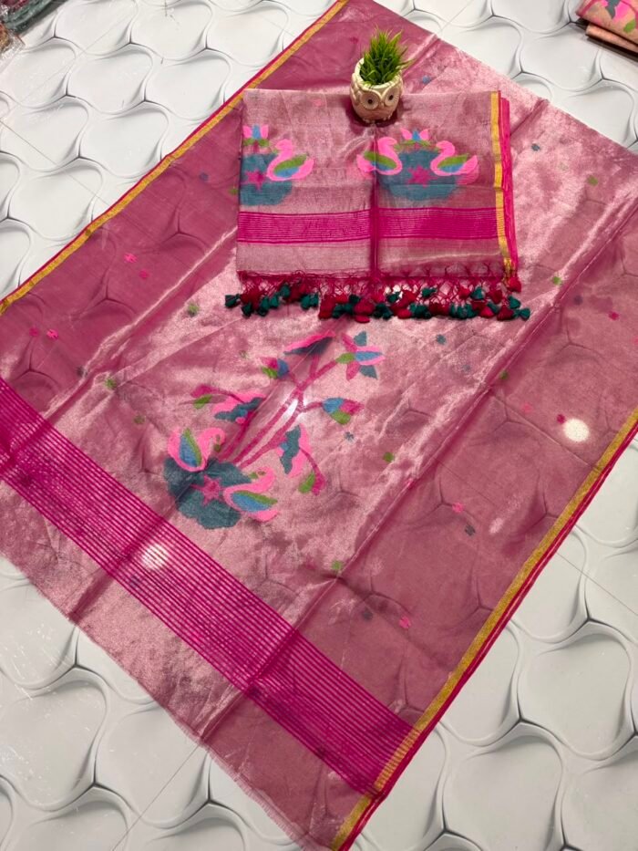 Pure Muslin Tissue Jamdani Top & Dupatta Set with Woven Swan & Floral Motifs