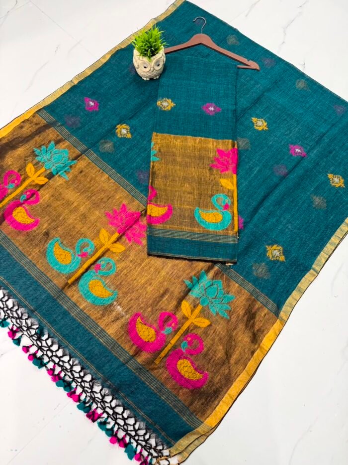 Pure Linen Unstitched Paithani Suit – Elegant 2-Piece Set