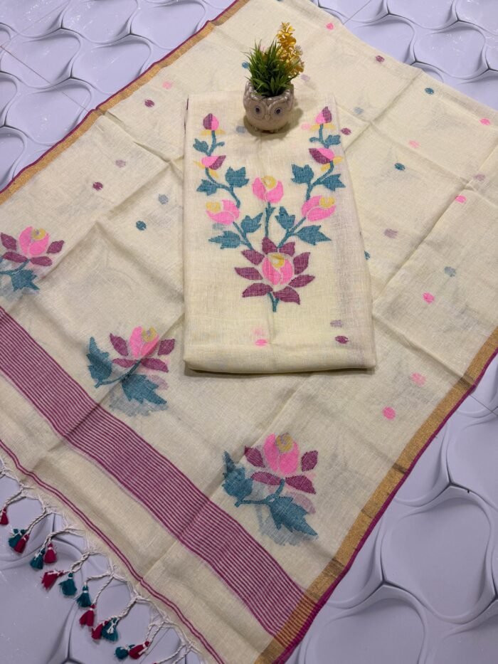 Pure Linen Unstitched Jamdani Suit – Elegant 2-Piece Set