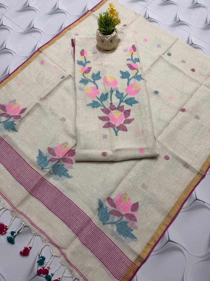 Pure Linen Unstitched Jamdani Suit – Elegant 2-Piece Set