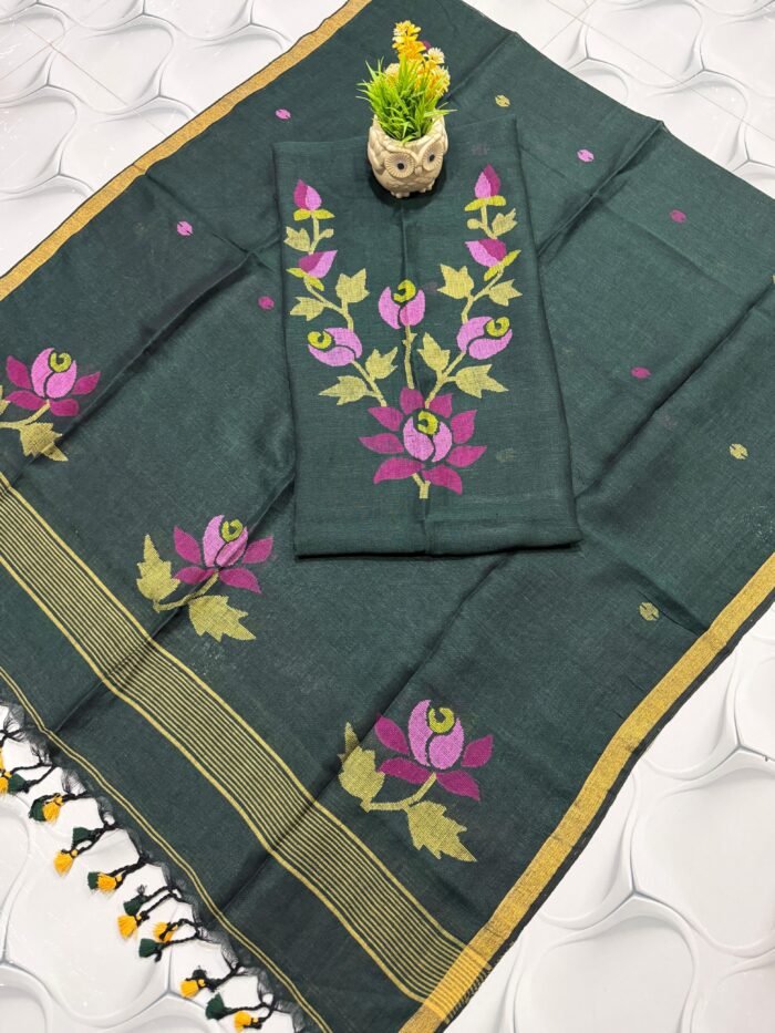 Pure Linen Unstitched Jamdani Suit – Elegant 2-Piece Set