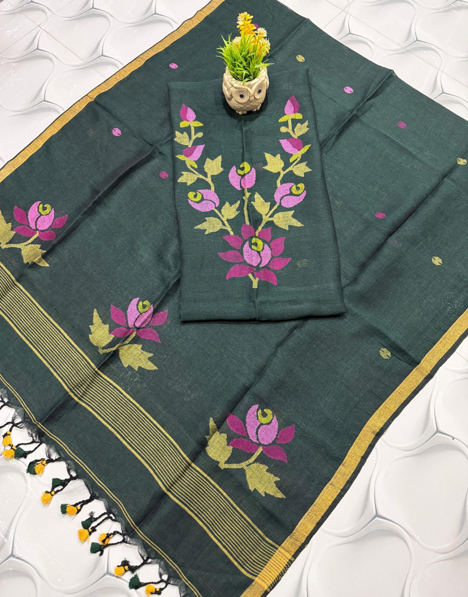 Pure Linen Unstitched Jamdani Suit – Elegant 2-Piece Set